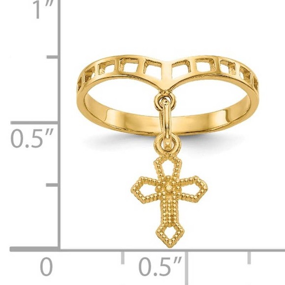 Real 14K Yellow Gold Dangle Cross Charm Ring Size 6 - Picture 5 of 5